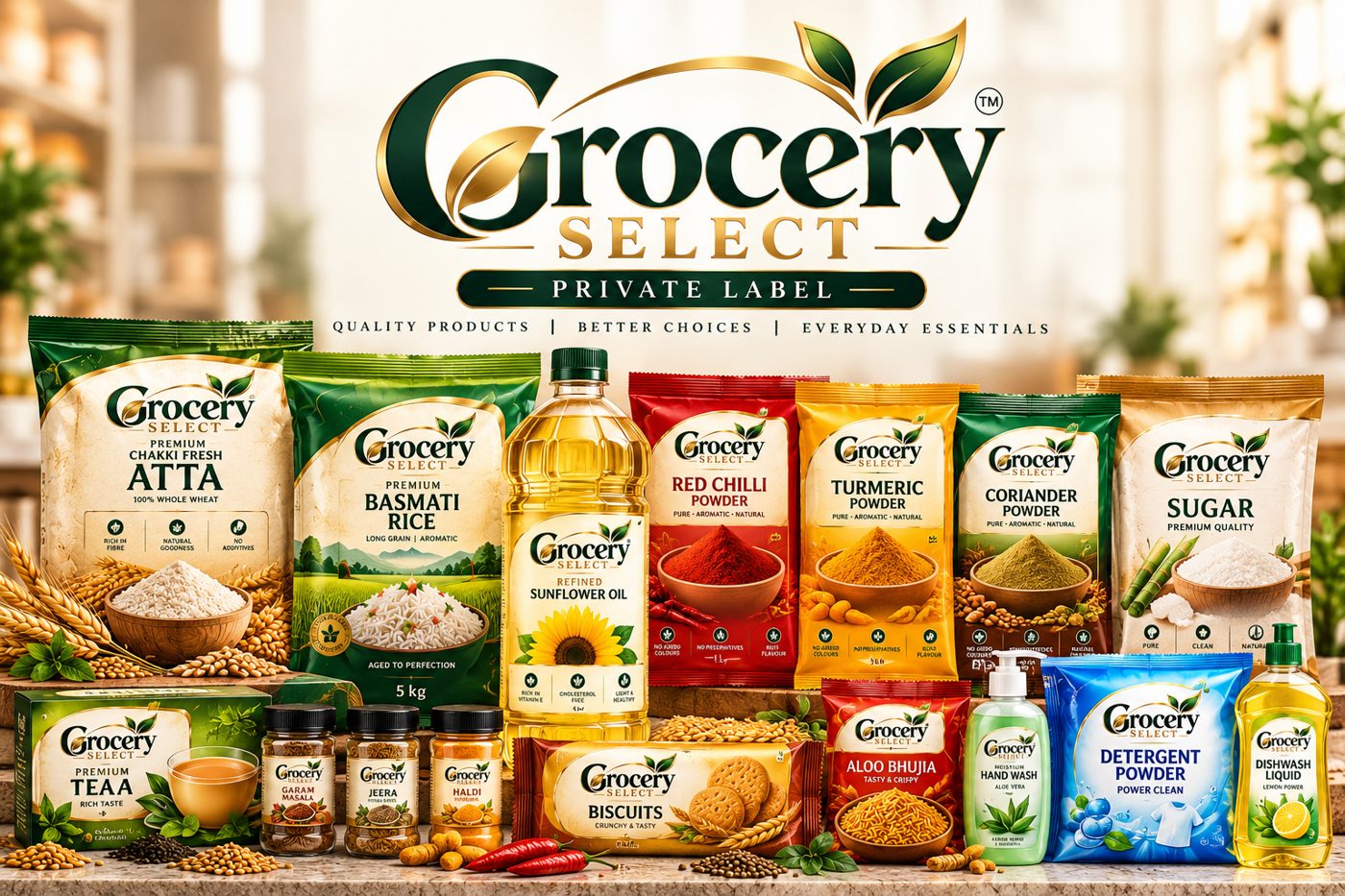 Grocery Select private label range of atta, rice, oil, spices, snacks and home care